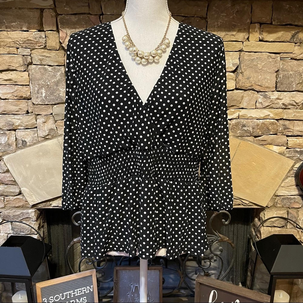 Ember Black and White Polka Dot V Neck Top Blouse Size Large - Picture 2 of 8